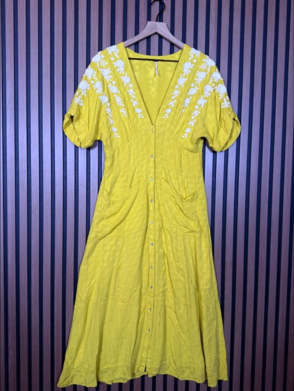 Free People Dress Medium Womens Yellow Love to Love Embroidered Midi Button Up